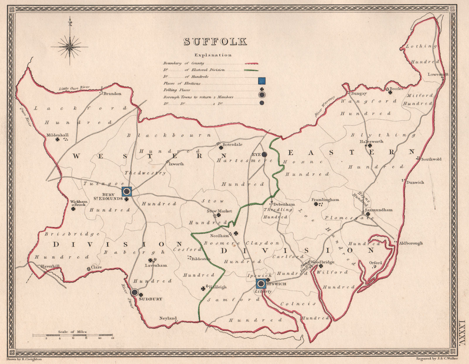 SUFFOLK antique county map by CREIGHTON/WALKER. Electoral 1835 old